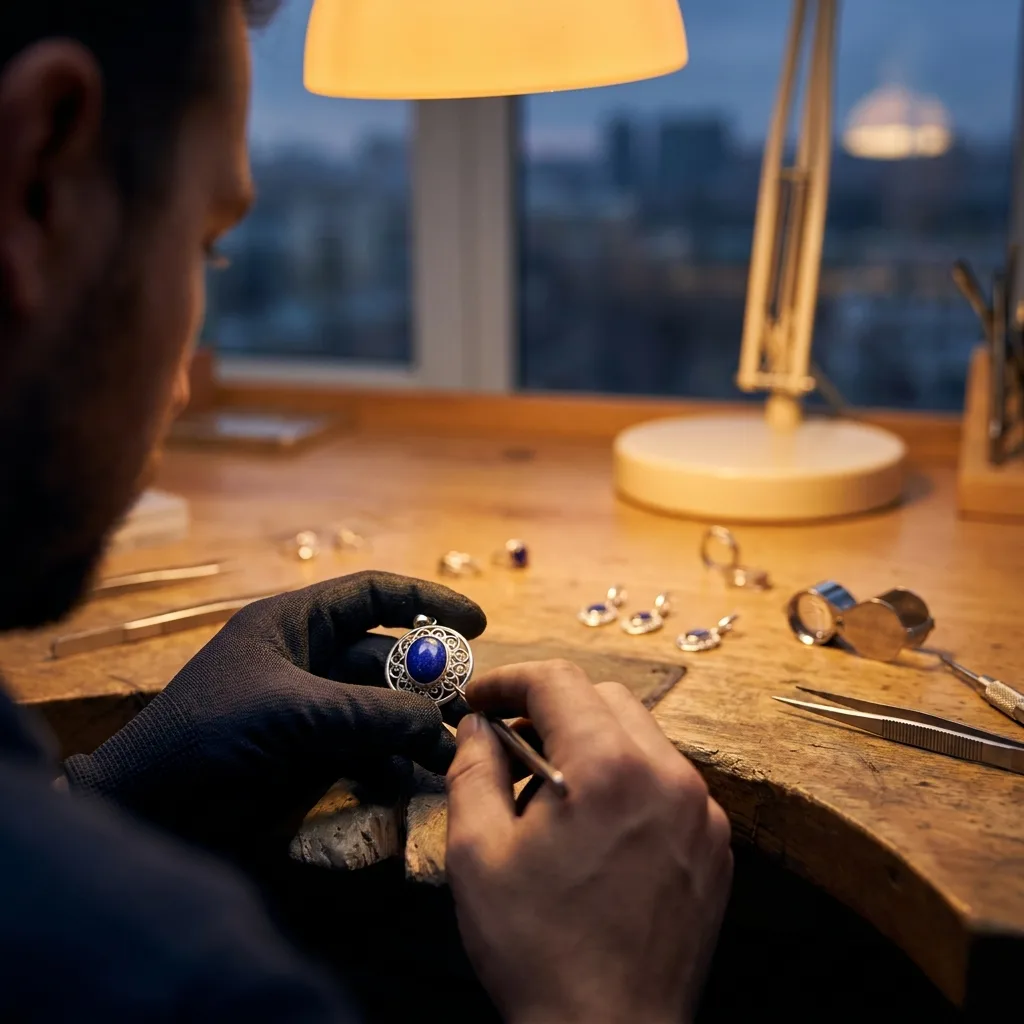 Joaillier notre maison sertissant à la main un cabochon de lapis-lazuli dans monture argent